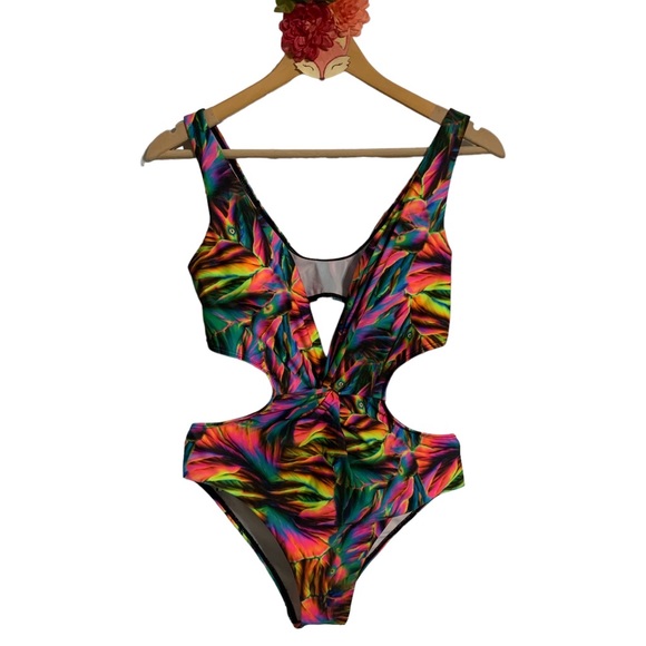 SHEIN Swim Shein Rainbow Kaleidoscope Plunge Cut Out One Piece Swimsuit Size M Poshmark